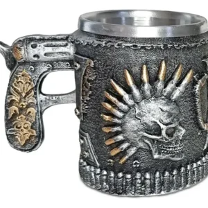 Caneca 3D Caveira Punk Pistola Inox Resina